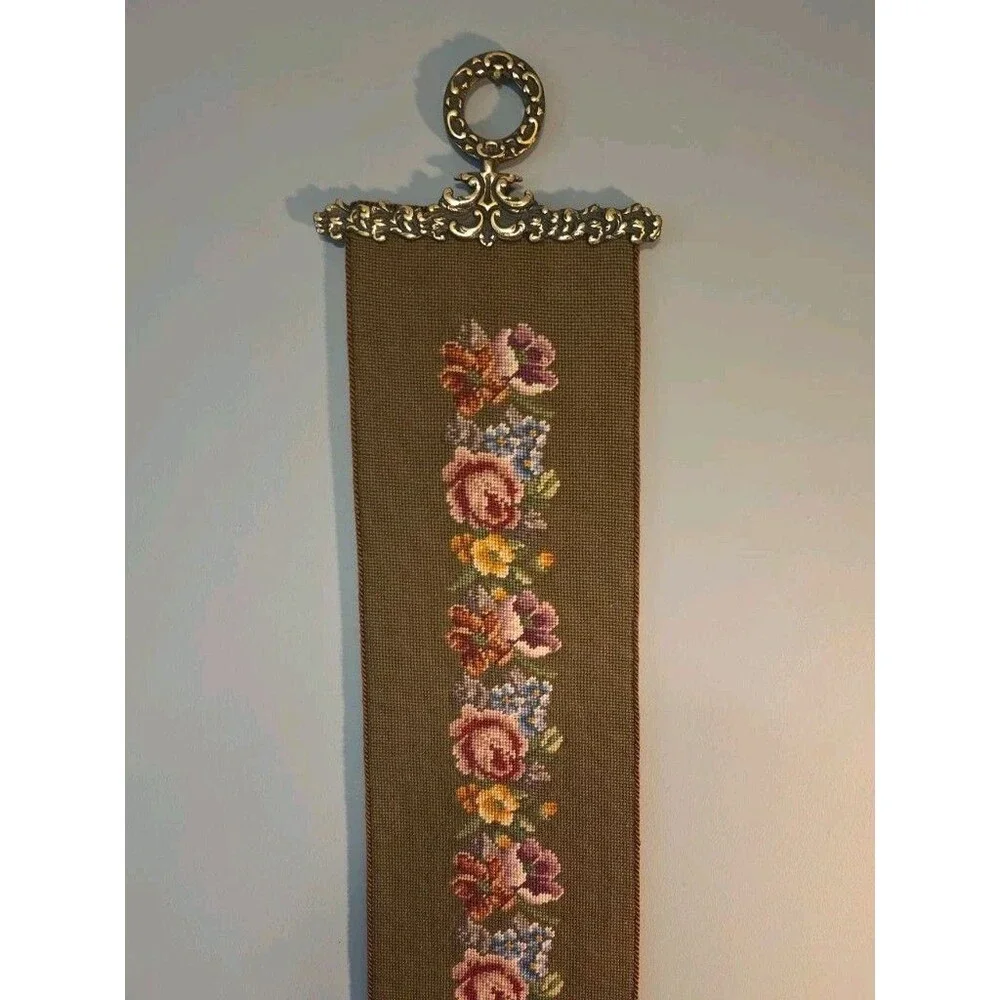 Vintage Embroidered Floral Tapestry Wall Decroative Hanging Brass Ends - 65